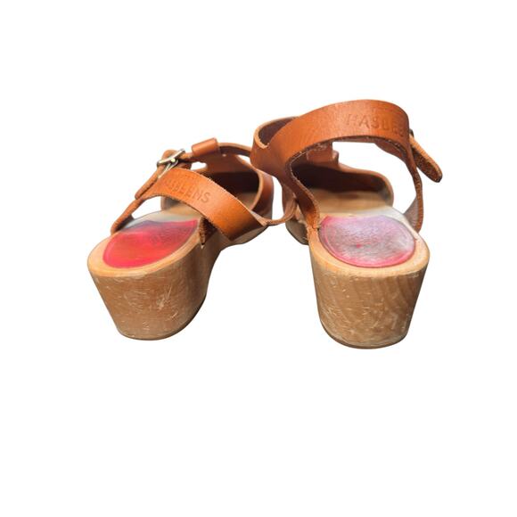 Swedish Hasbeens Brown Almond Toe T-Strap Wooden Block Heel Leather Clogs Size 5 - Picture 11 of 15